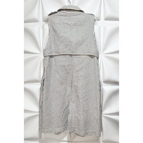 Zara Sz S Long Blue Ivory Striped Trench Seersucker Utility Duster Vest Jacket - Picture 9 of 12